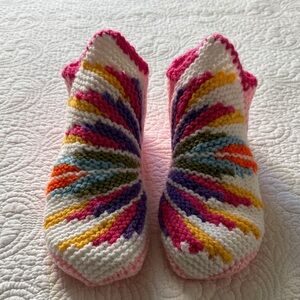 Hand-Knit White Slippers with Multicolor Spiral Accents